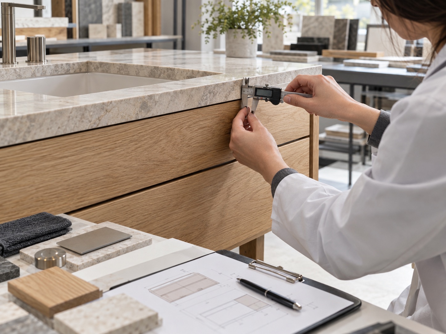 Quality inspector measuring a custom bathroom vanity